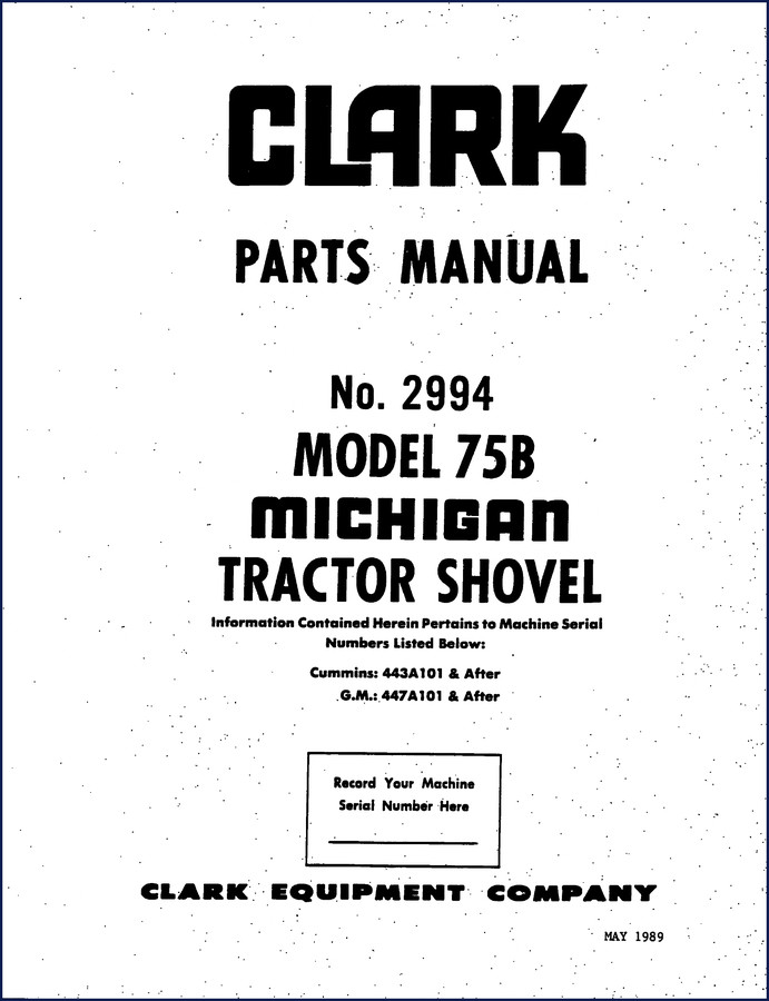 1989 Clark Equipment 75B Parts Catalog cover showing alphabetical index