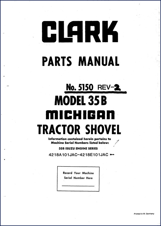 Clark-hurth 35 B Parts Catalog cover showing Michigan Tractor Shovel diagram and part manual title