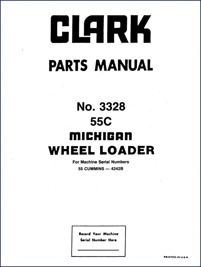 Clark-hurth 55C Parts Catalog cover showing loader model and OEM manual ID 3328