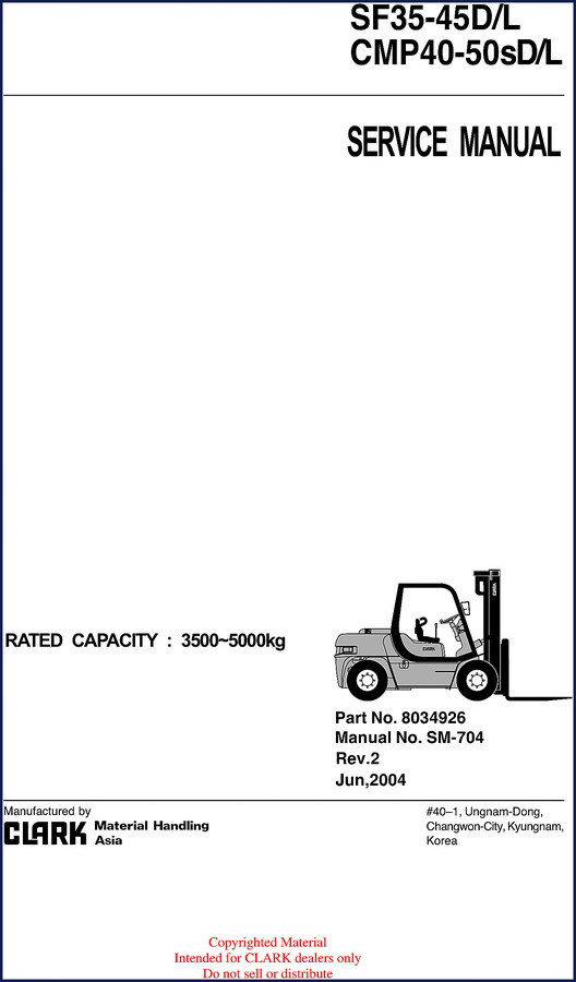 Clark-hurth CMP50 SF35 SF45 CMP40 2004 Service Manual cover page showing forklift and manual number
