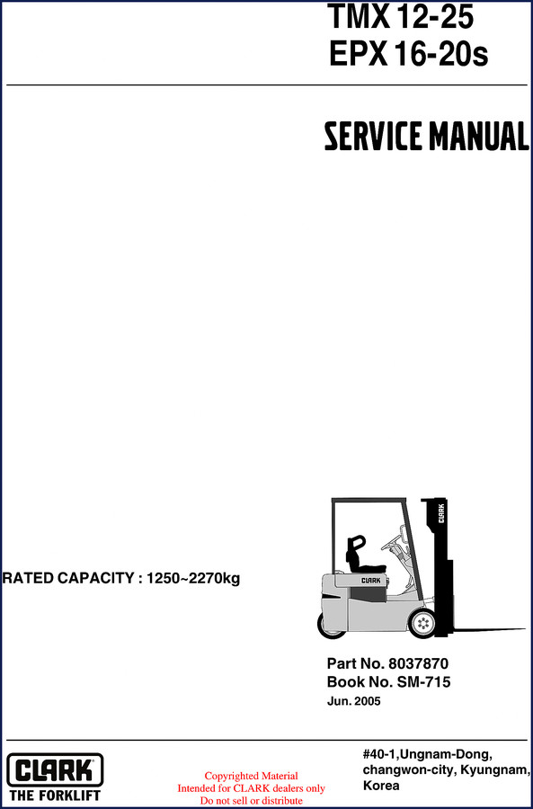 Clark-hurth EPX 16-20s 2005 Service Manual cover, showing truck model and OEM logo