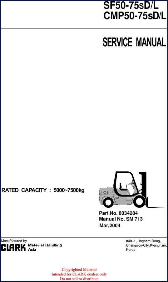 Clark-hurth SF50-SF75 2004 Service Manual cover showing forklift and model numbers