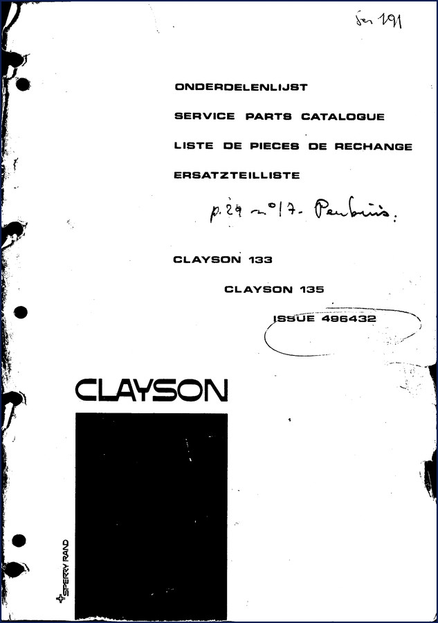 Clayson 133 and 135 1971 Factory Parts Catalog cover page