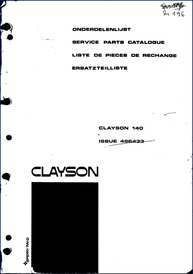 Clayson 140 Parts Catalog cover - factory OEM parts manual for agricultural combine