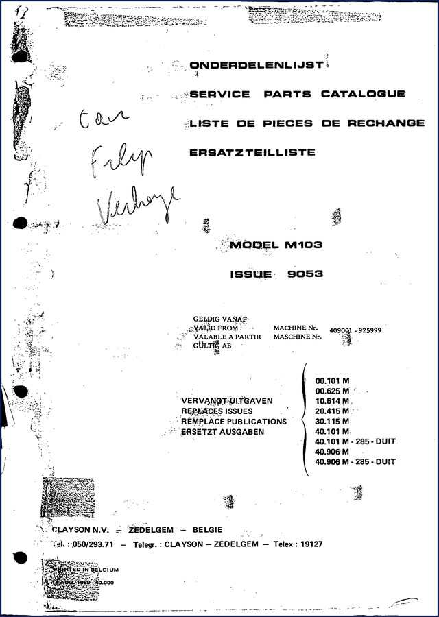 Clayson M103 1988 Parts Catalog - factory OEM parts manual cover showing combine