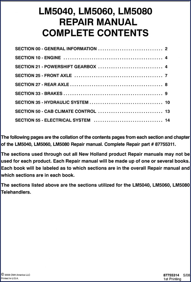 CNH America LM5040 LM5060 LM5080 2008 repair manual cover