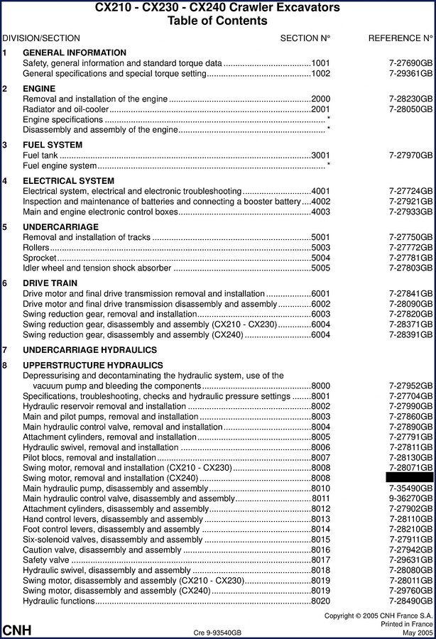 CNH CX240 2005 Service Manual cover showing excavator diagram and model numbers
