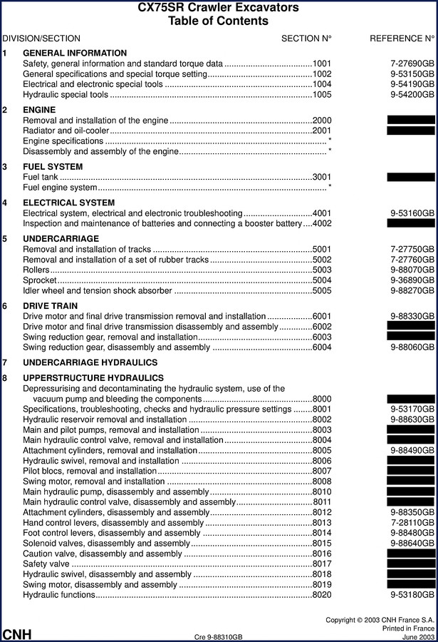 CNH CX75SR 2003 Service Manual – factory cover sheet showing model and year