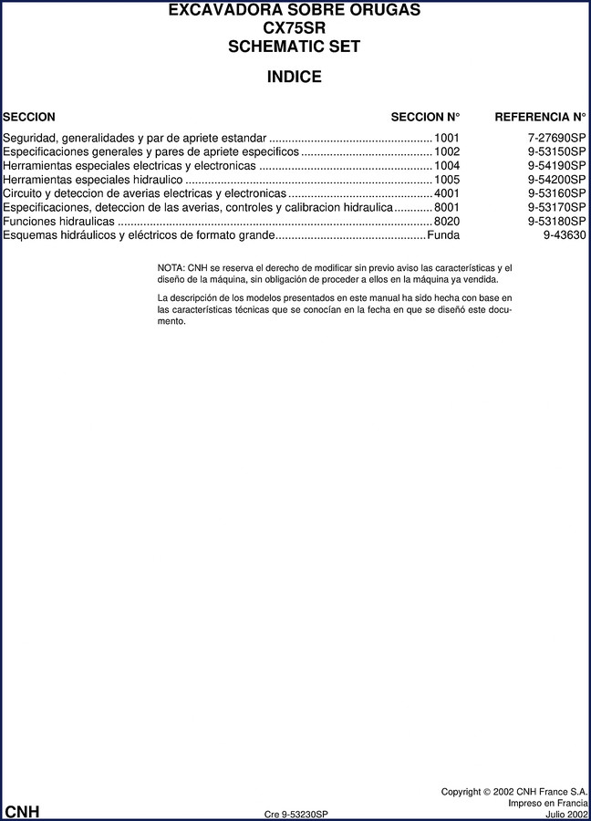 CNH CX75SR 2002 Technical Manual cover – schematic set for excavator