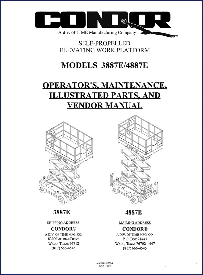 Condor 3887E service manual cover - 1996 OEM factory service manual for self-propelled elevating work platform