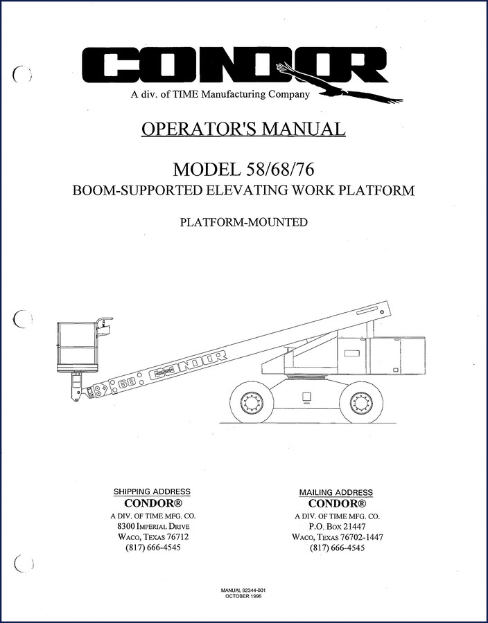 Condor 58 68 76 boom lift operator manual 1996 factory document