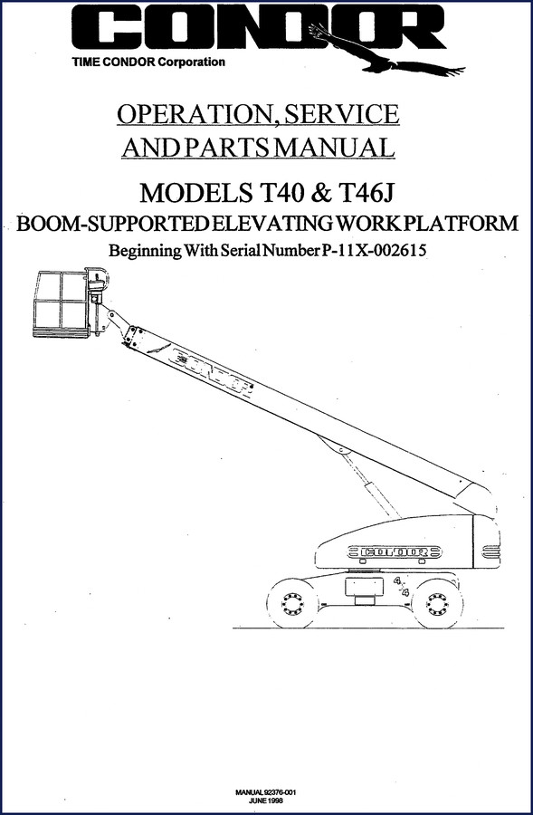 Condor T40 T46J 1998 Operators Manual cover showing boom lift and model numbers