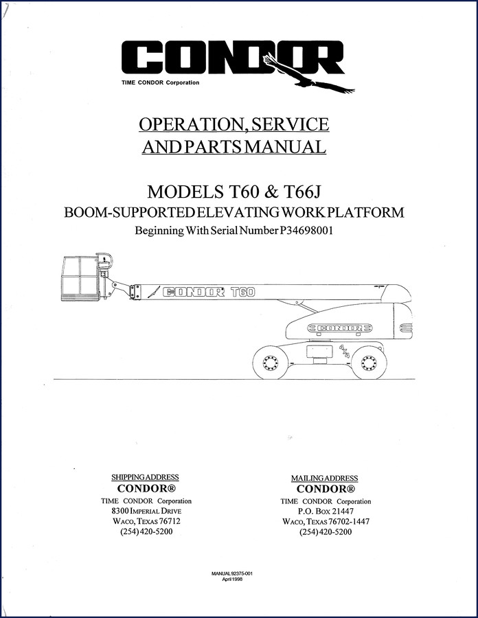 Condor T60 T66J 1998 Service Manual cover page showing boom lift on orange background