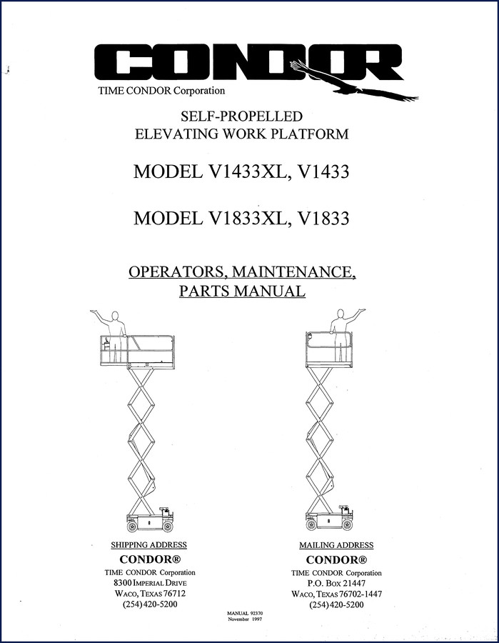 Condor V1433XL V1833XL Operators Manual 1997 cover with red bindings