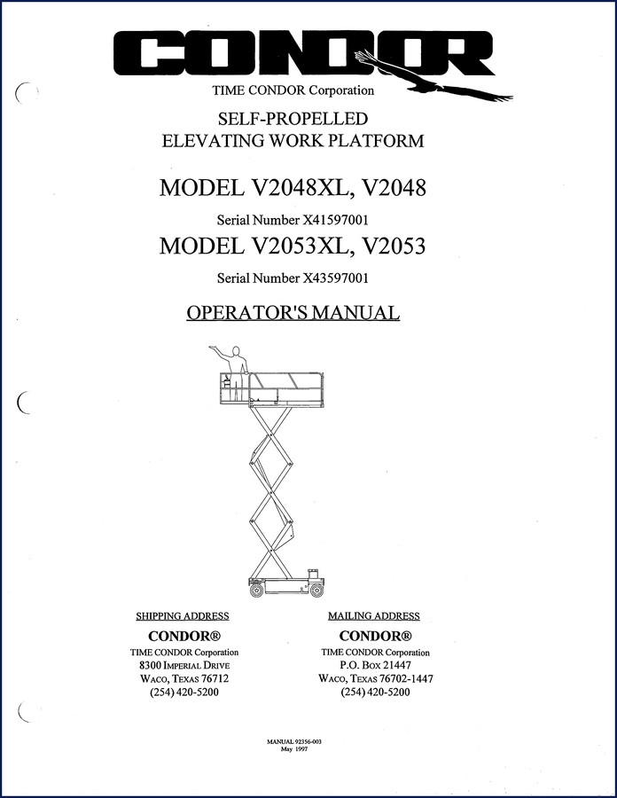 Condor V2053 1997 Operators Manual cover - OEM factory documentation for self-propelled work platforms