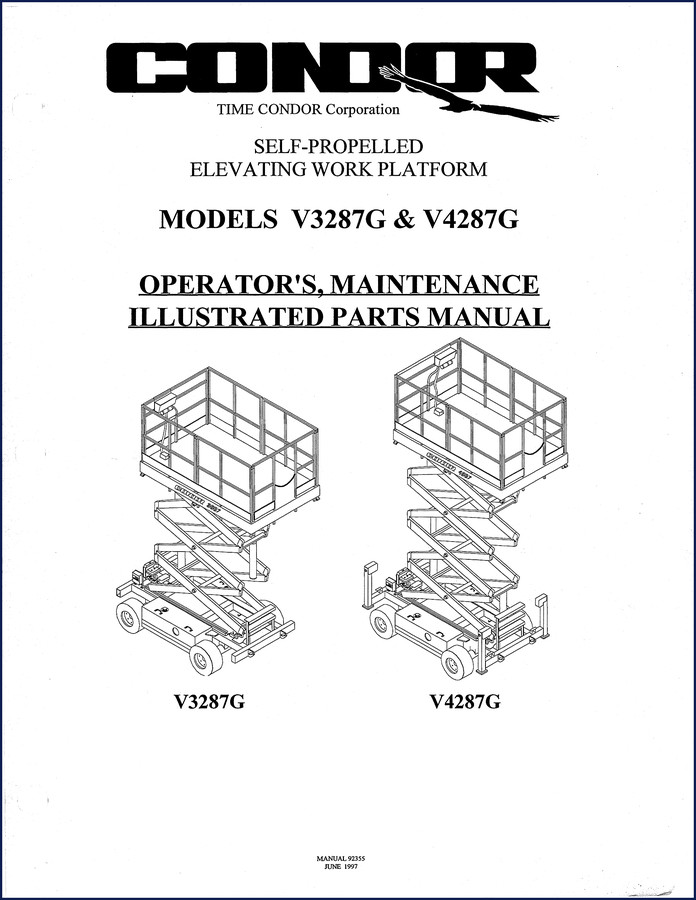 Condor V4287G self-propelled elevating work platform – 1997 Parts Catalog cover showing model and manual number
