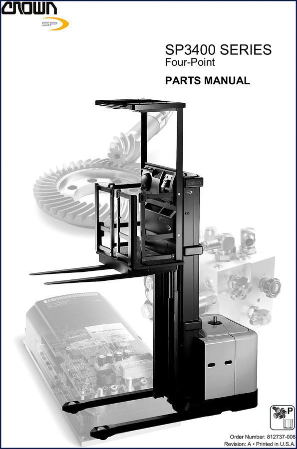 Crown SP3400 Four-Point Parts Manual cover – 198-page factory OEM parts catalog for serial number identification