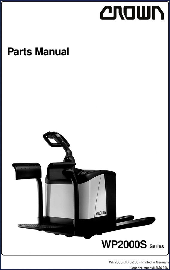 Crown WP2000S 2003 Parts Catalog cover showing factory OEM parts manual for WP2000S series forklift