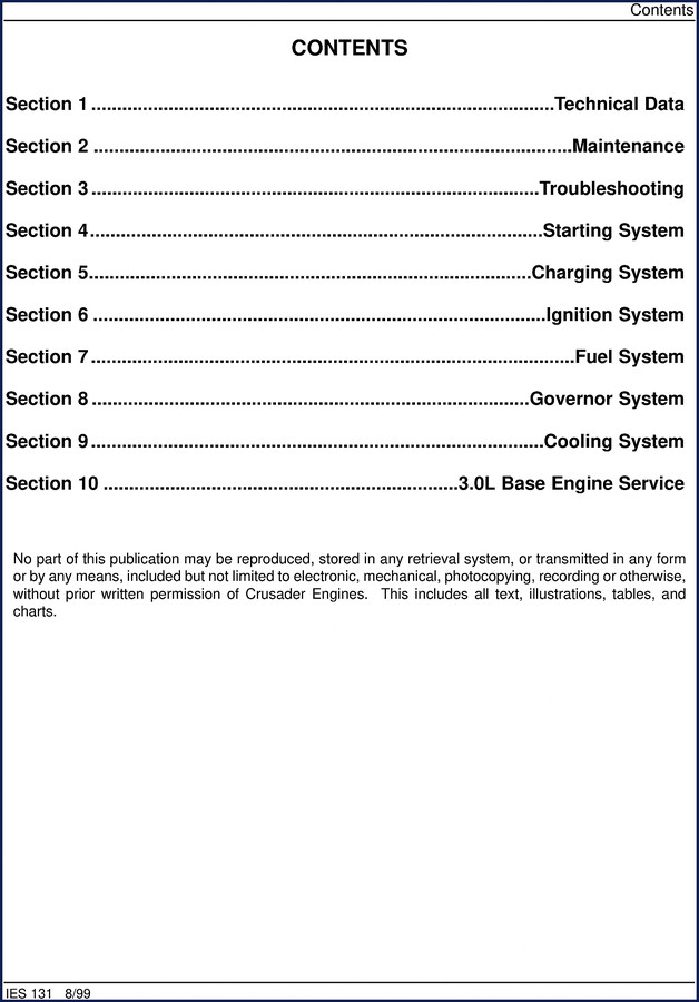 Crusader 3.0L 1999 OEM Service Manual cover showing engine diagrams and specifications