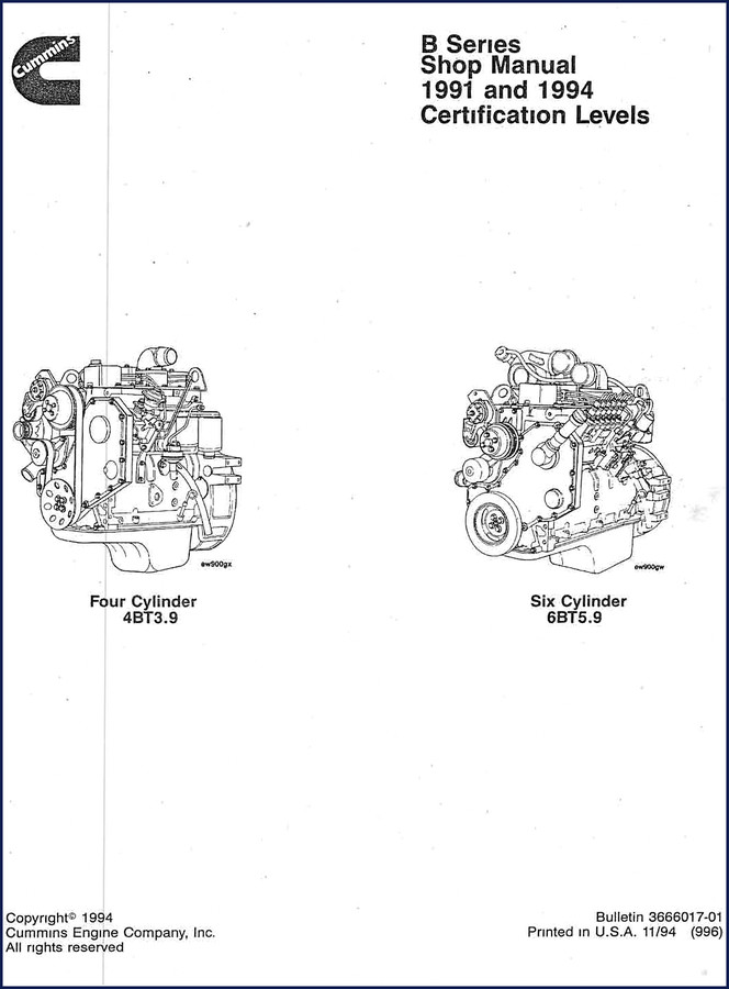 1994 Cummins B Series Workshop Manual cover showing 4BT3.9 and 6BT5.9 engines