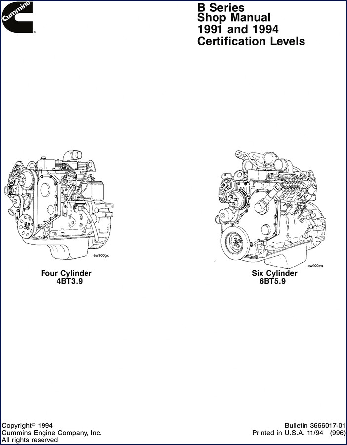Cummins B Series 1994 Workshop Manual cover showing 4BT3.9 and 6BT5.9 engine identification