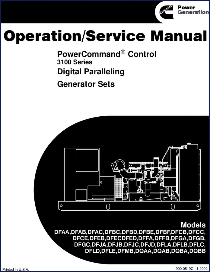Cummins DFAA-DFBD 2002 service manual cover showing PowerCommand 3100 series generator set