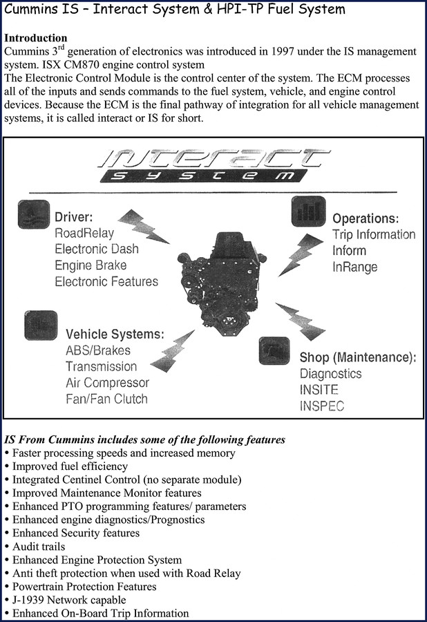 1997 Cummins ISX Technical Manual cover page showing Interact System and HPI-TP Fuel System diagram