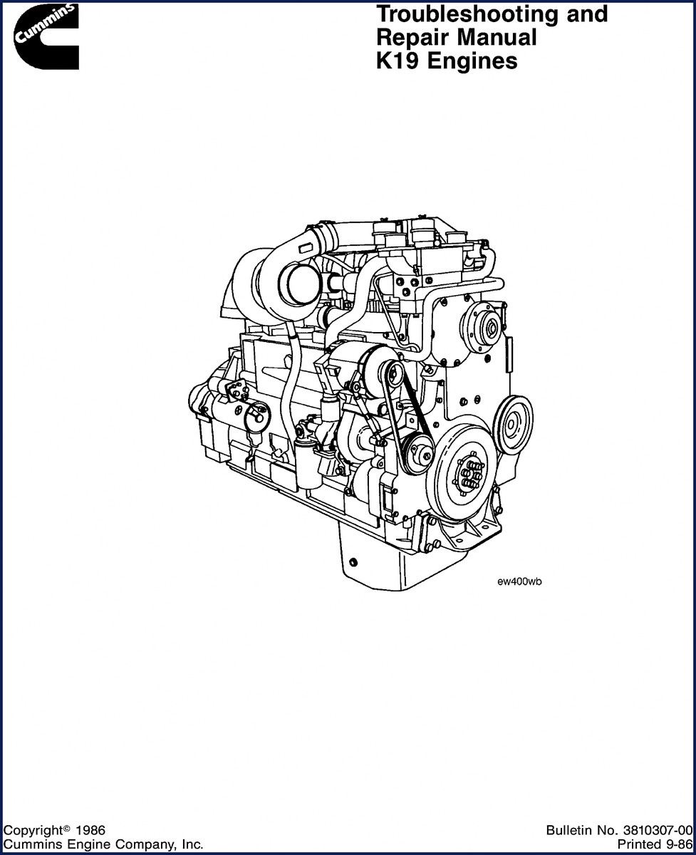 Cummins K19 1986 Troubleshooting Manual front cover showing troubleshooting and repair manual for K19 engines