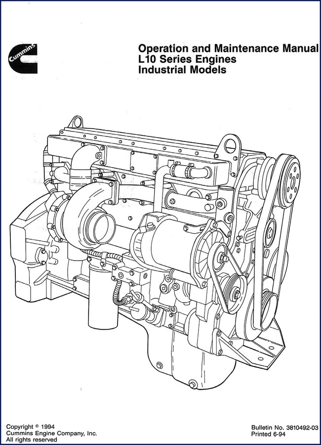 1994 Cummins L10 Operations Manual cover – OEM factory publication for industrial models