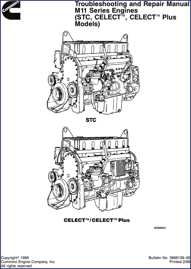 Cummins M11 1996 Troubleshooting Manual cover page showing engine cutaway and CELECT logo