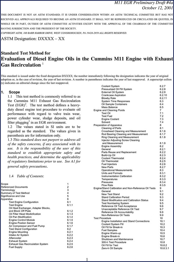 Cummins M11 2001 Technical Manual cover page showing ASTM draft designation and engine diagram