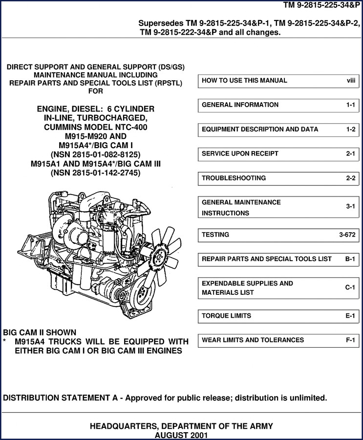 Cummins M920 2001 Technical Manual cover showing engine diagram and military markings