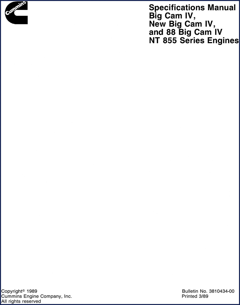 1989 Cummins NT 855 Big Cam IV Technical Manual cover page