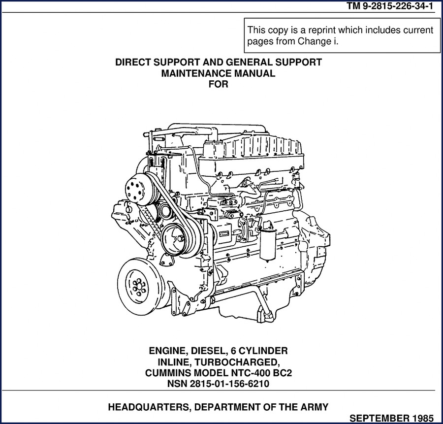 Cummins NTC-400 BC2 1985 Technical Manual cover showing engine diagram and manual title