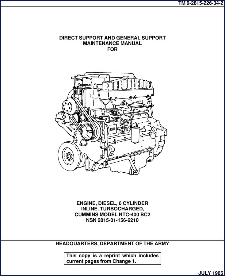 1985 Cummins NTC-400 BC2 diesel engine service manual cover – 280 pages, OEM factory document