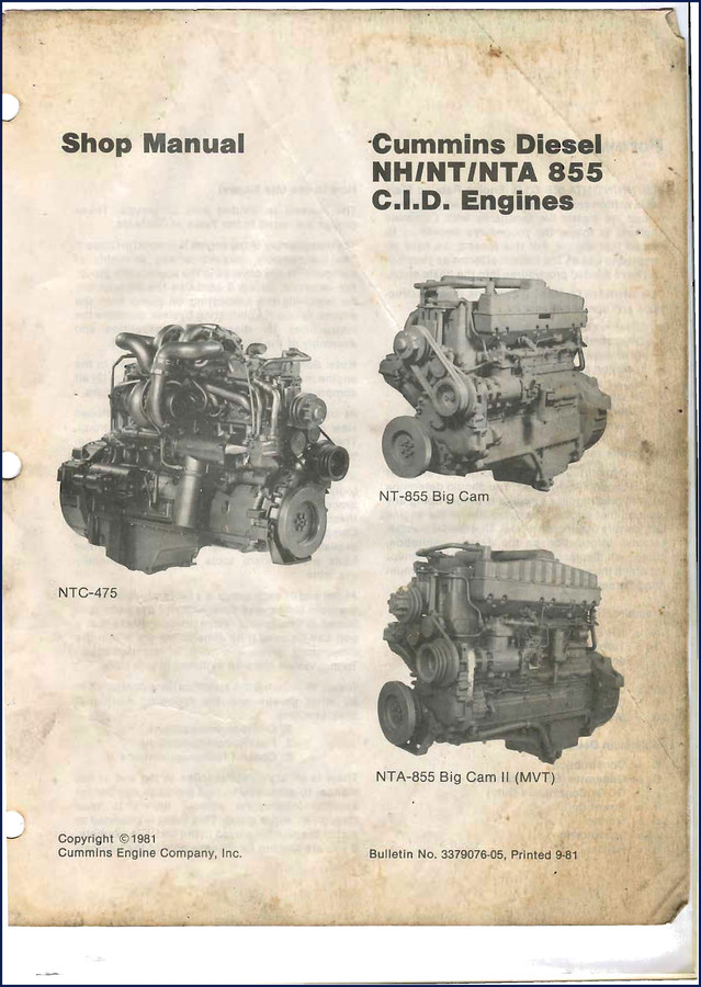 Cummins NTC-475 1981 Workshop Manual cover - OEM factory shop manual for NH, NT, NTA, NTC-475 engines