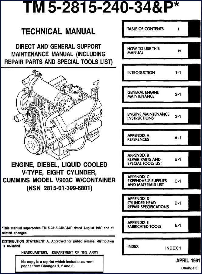 1991 Cummins V903C Technical Manual cover and engine cutaway