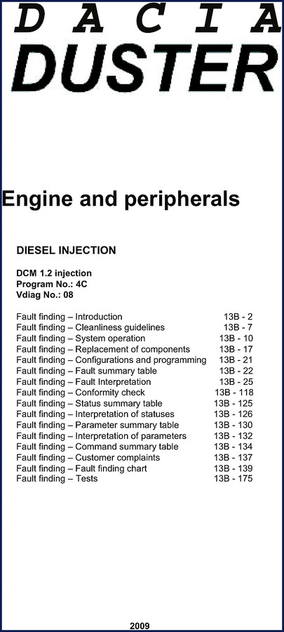 Dacia Logan Sandero Thalia Symbol 2009 Troubleshooting Manual cover showing DCM 1.2 injection