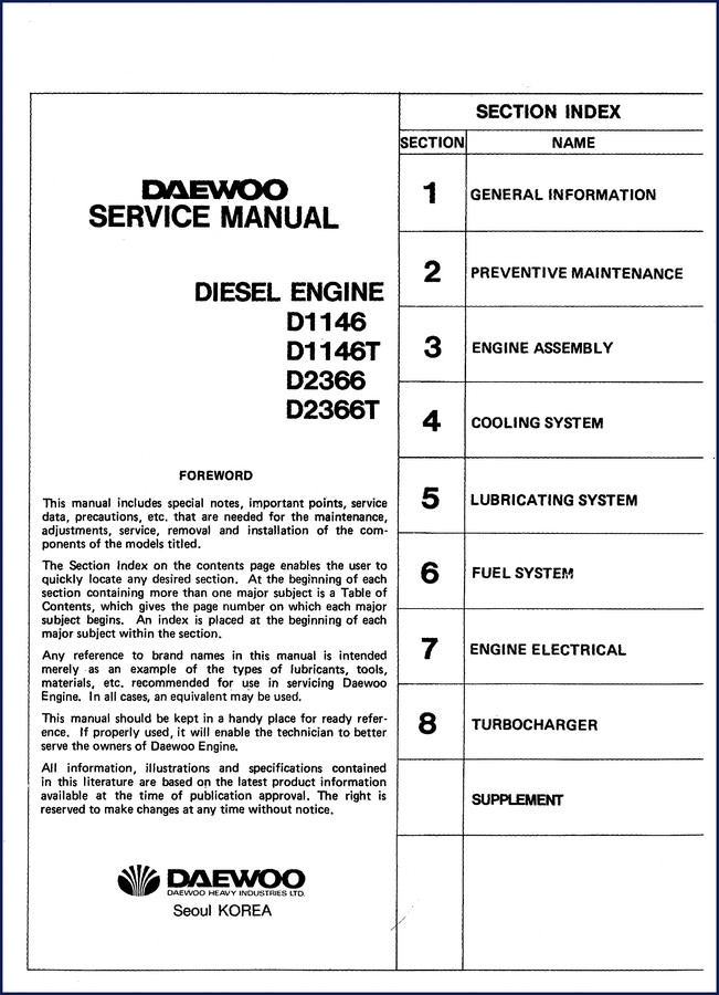 Daewoo D1146 D1146T D2366 D2366T Service Manual cover - OEM factory document