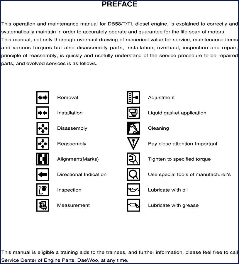 Daewoo DB58T and DB58TI diesel engine service manual cover – OEM factory documentation 127 pages
