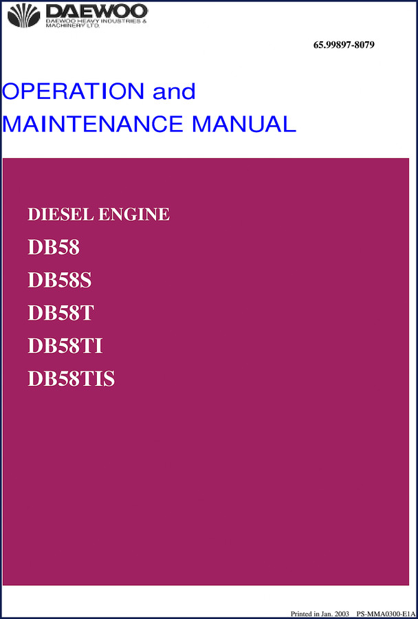 Daewoo DB58TIS 2003 operators manual cover showing engine and model designation