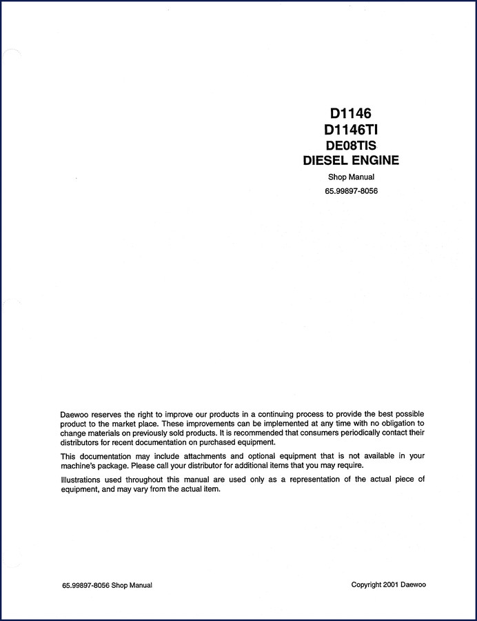 Daewoo D1146, D1146TI, DE08TIS 2001 Service Manual cover showing diesel engine cutaway