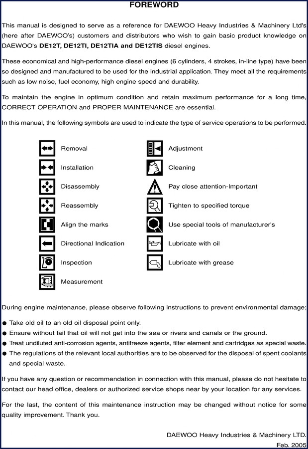 Daewoo DE12TIS 2005 Service Manual cover - factory OEM documentation for diesel engine repair