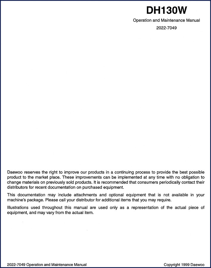 Daewoo DH130W 2022 Operators Manual cover for hydraulic excavator operation and maintenance
