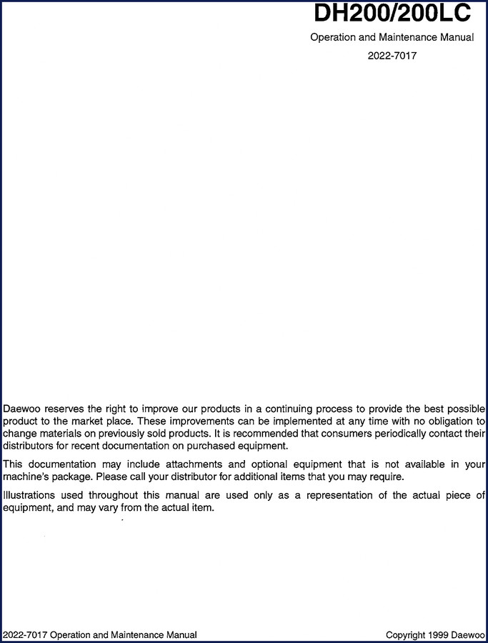 1999 Daewoo DH200/200LC Operators Manual cover – factory operation and maintenance document for hydraulic excavator