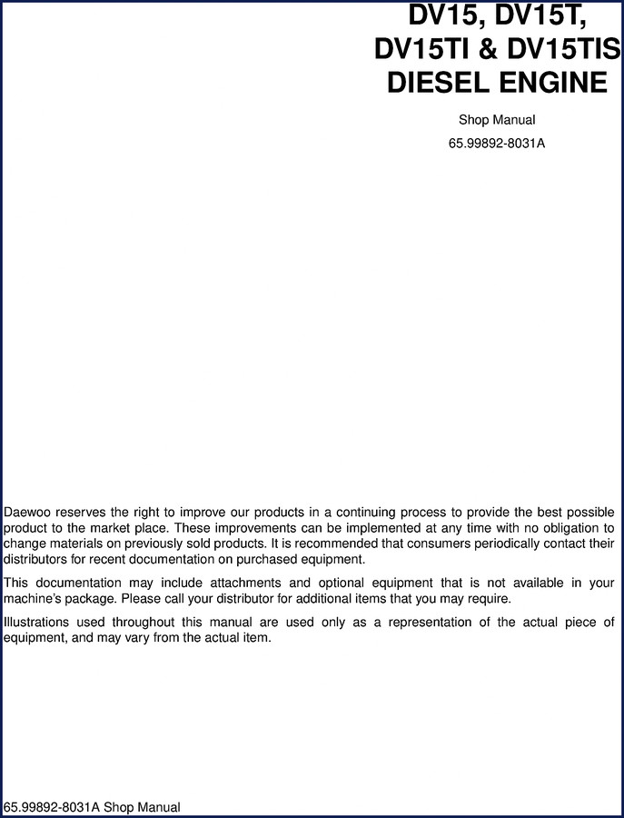 Daewoo DV15 DV15T DV15TIS DV15TI 1999 Workshop Manual cover showing diesel engine cutaway
