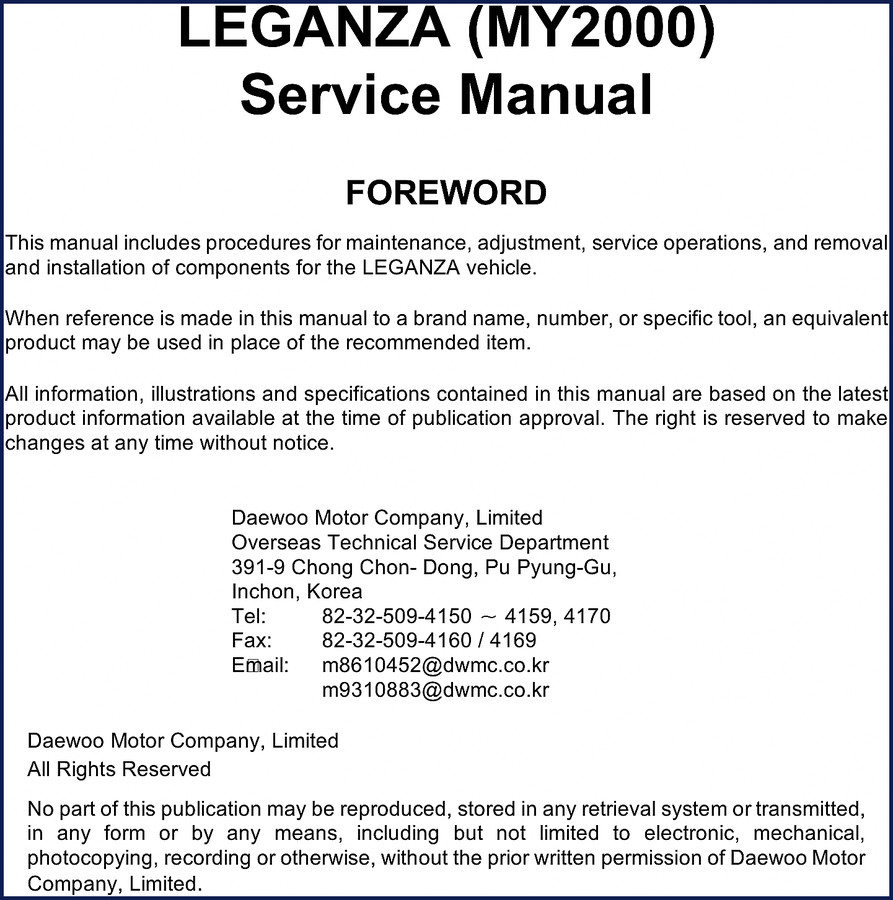Daewoo Leganza 2000 Service Manual cover - factory OEM repair documentation