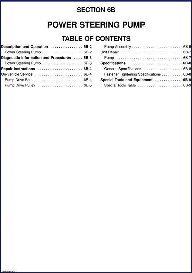 Daewoo M-150 Service Manual cover page for power steering pump section 6B