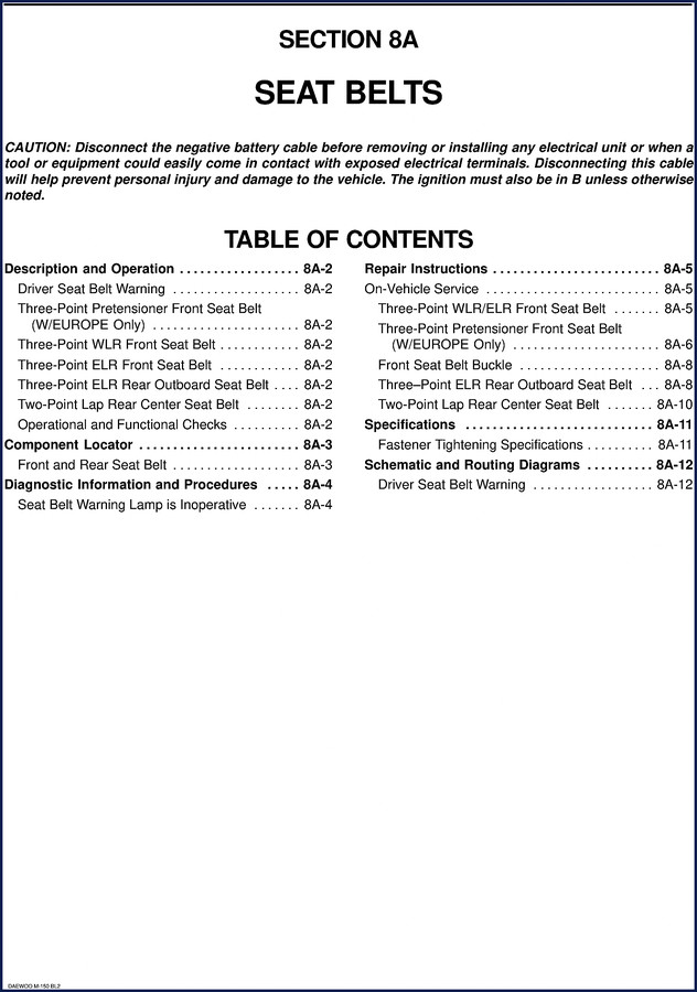 Daewoo M150 Technical Manual Section 8A Seat Belts 91 pages factory guide