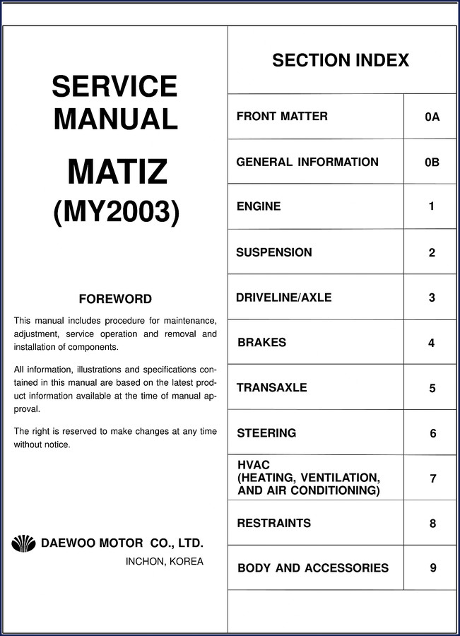 Daewoo Matiz 2003 Service Manual cover - OEM factory repair documentation for 1.0L SOHC engine